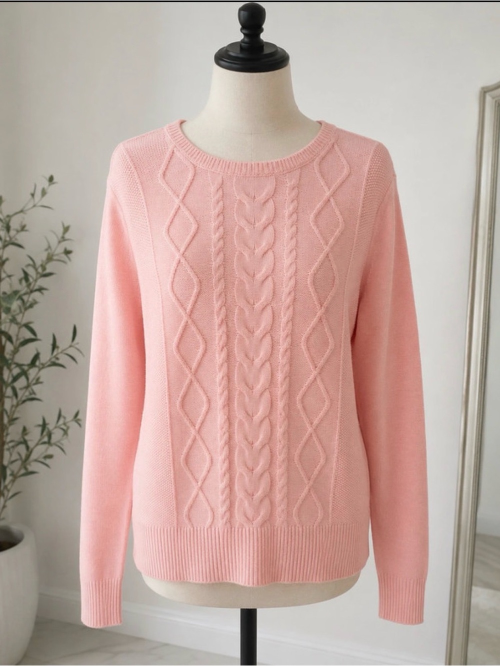 Karen Scott Light Pink Cable Crewneck Sweater